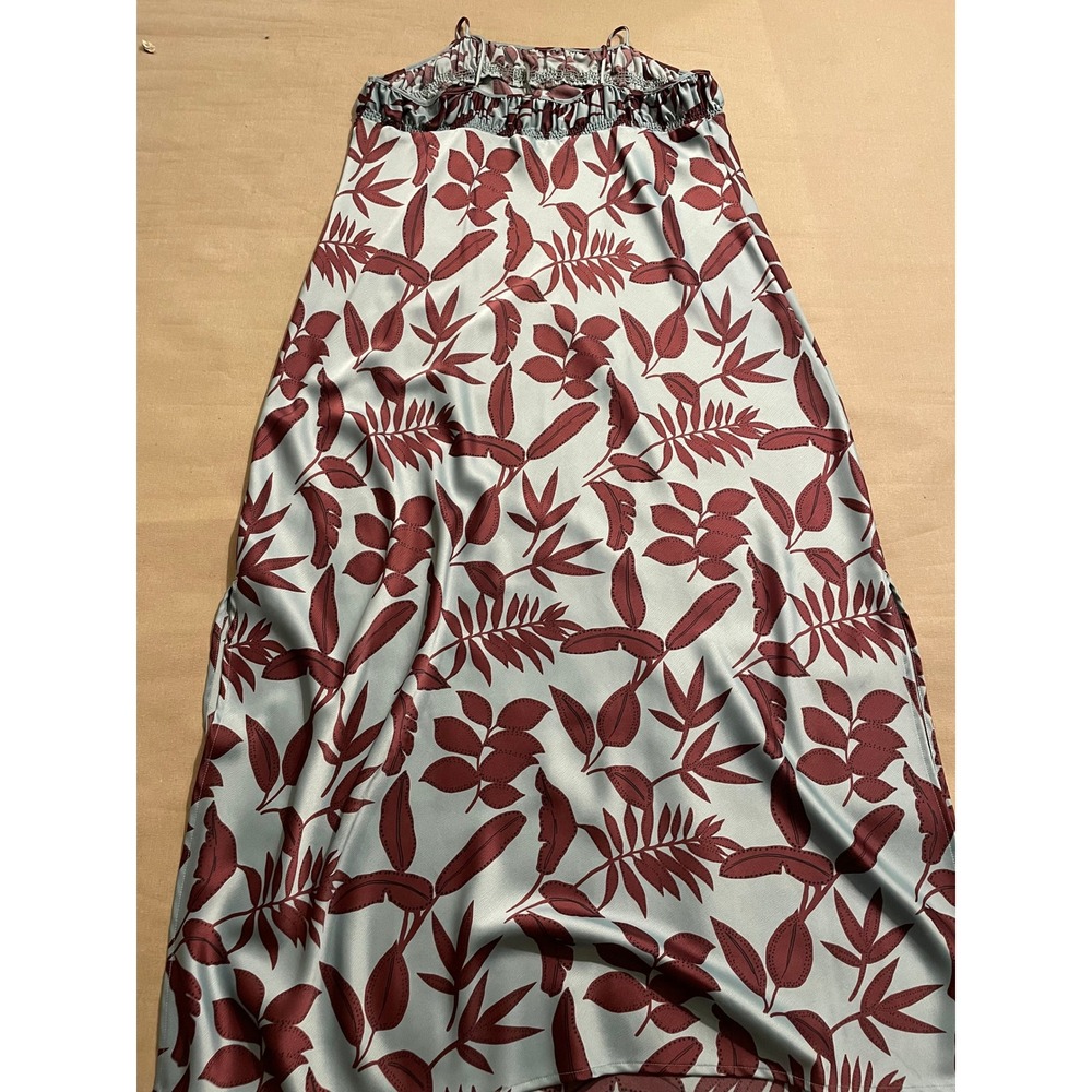 Anthropologie Maxi Slip Dress Size 1X Mint Green Brown Botanical Satin Leg Slit - Picture 11 of 14